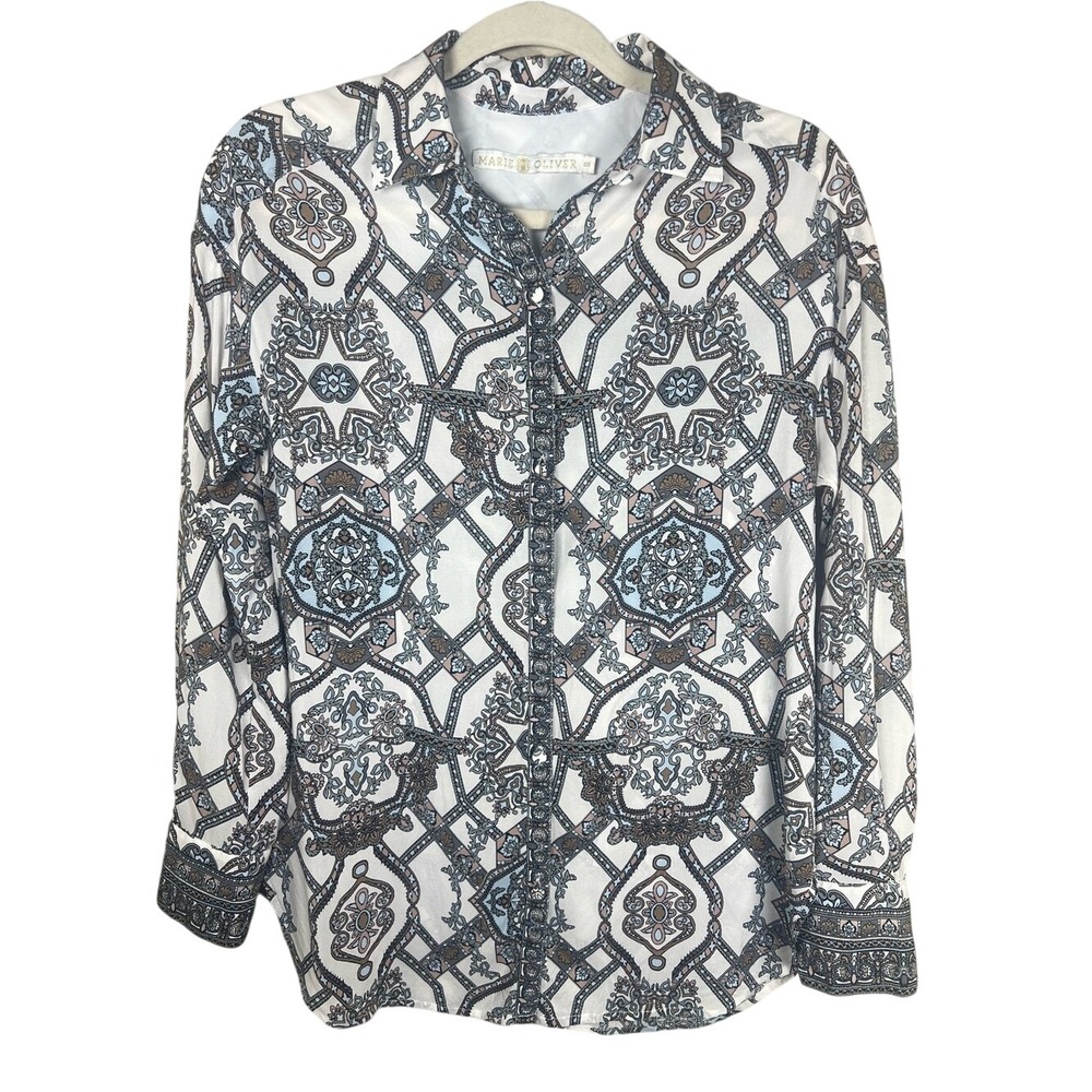 Marie Oliver 100% Silk Geometric Mosaic Tile Print Blouse Top Blue White XXS EUC